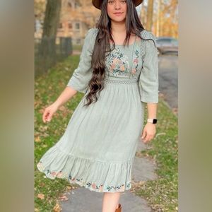 Mint green floral embroidery dress